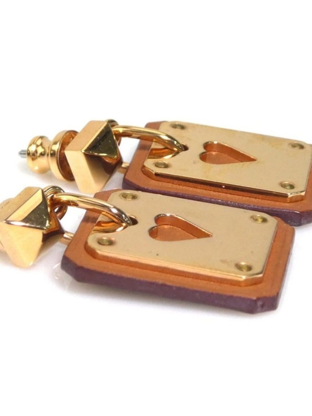 Auth HERMES As de Coeur Pierce Earrings Pink Gold/Brown Metal/Leather - e60607g - Picture 3 of 10